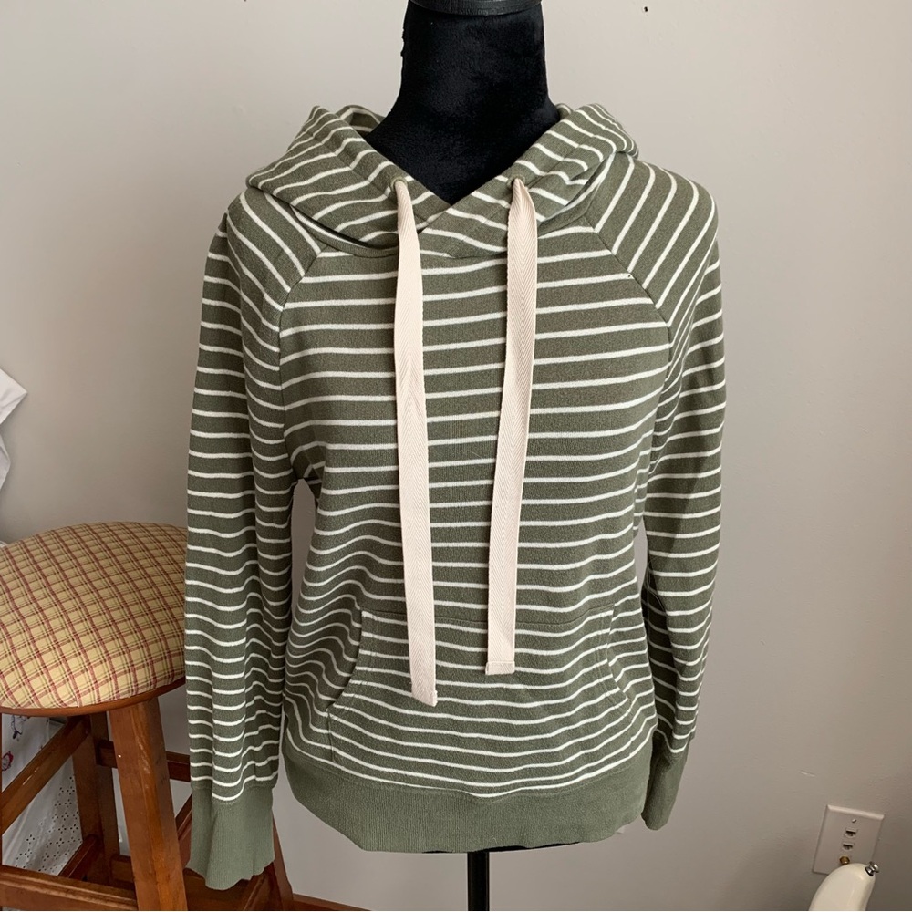 Caslon Olive and White Striped Knit Hoodie Top